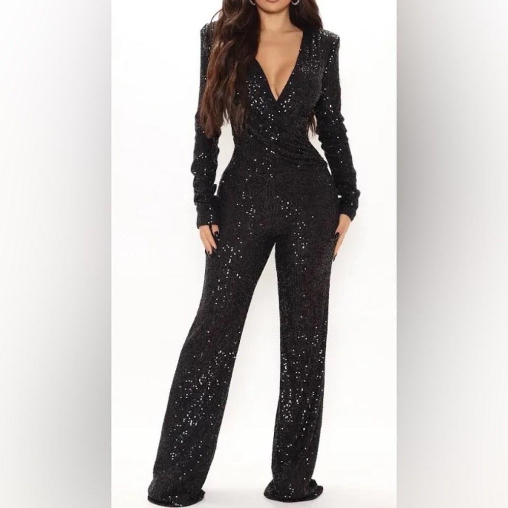 NWT Fashion Nova Samantha Sequin Jumpsuit Black Size 2X